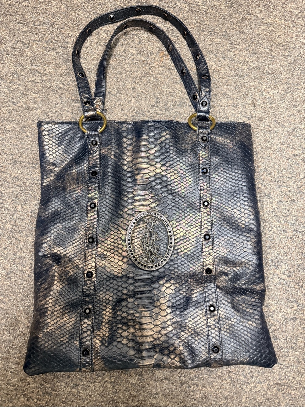 Christian Audigier Black Snake-Embossed Tote with Medallion